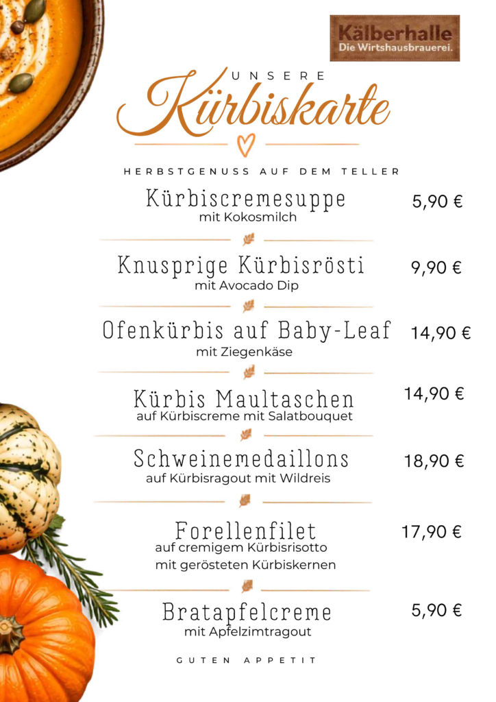 Kürbiskarte der Kälberhalle: sieben Herbstgerichte mit Beschreibungen und Preisen.